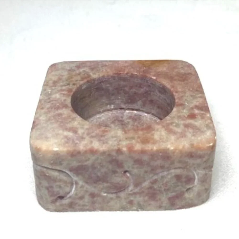 Vtg‎ Soapstone Votive Tea Light Holder Pink Square Carved Scroll Boho